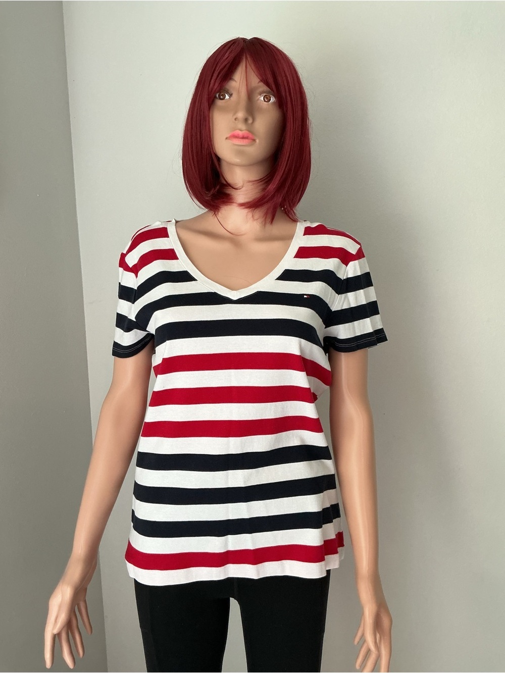 Tommy Hilfiger Striped V-Neck Tee in Red, Black & White